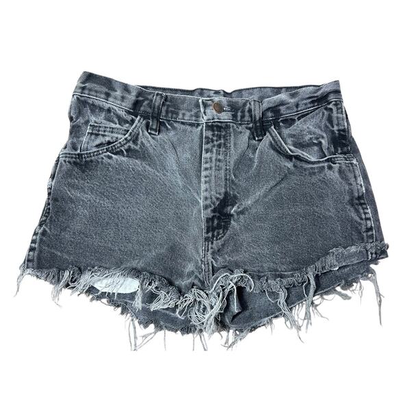 Vintage Rustler Black Distressed Cut Off Jean Shorts Sz 32 Frayed High-Rise - Picture 2 of 6